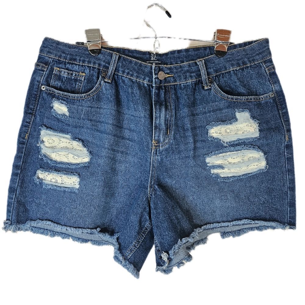 New York & Co Distressed Cutoff Denim Shorts Women's 18 Lace Patches Shabby Chic